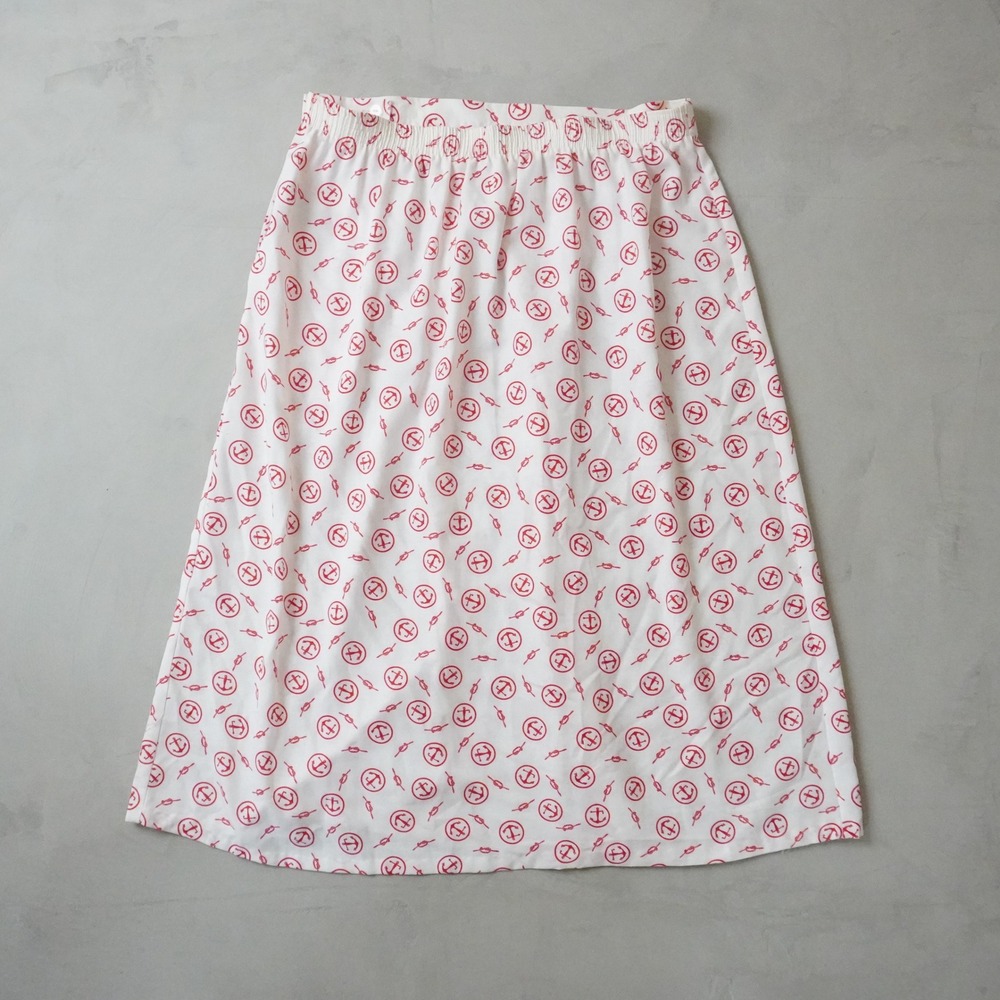 Vintage Anchor Print Midi Skirt Medium Womens White Red Pleated Coastal - Picture 2 of 7